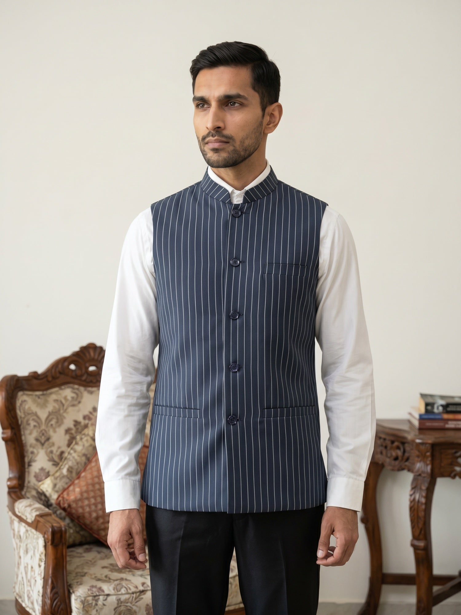 DesiQlo Men Striped Nehru Jacket and Kurta Pyjama Set - Blue