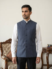 Men's Striped Cotton Blend Nehru Jacket ( 65WC 4174Navy )