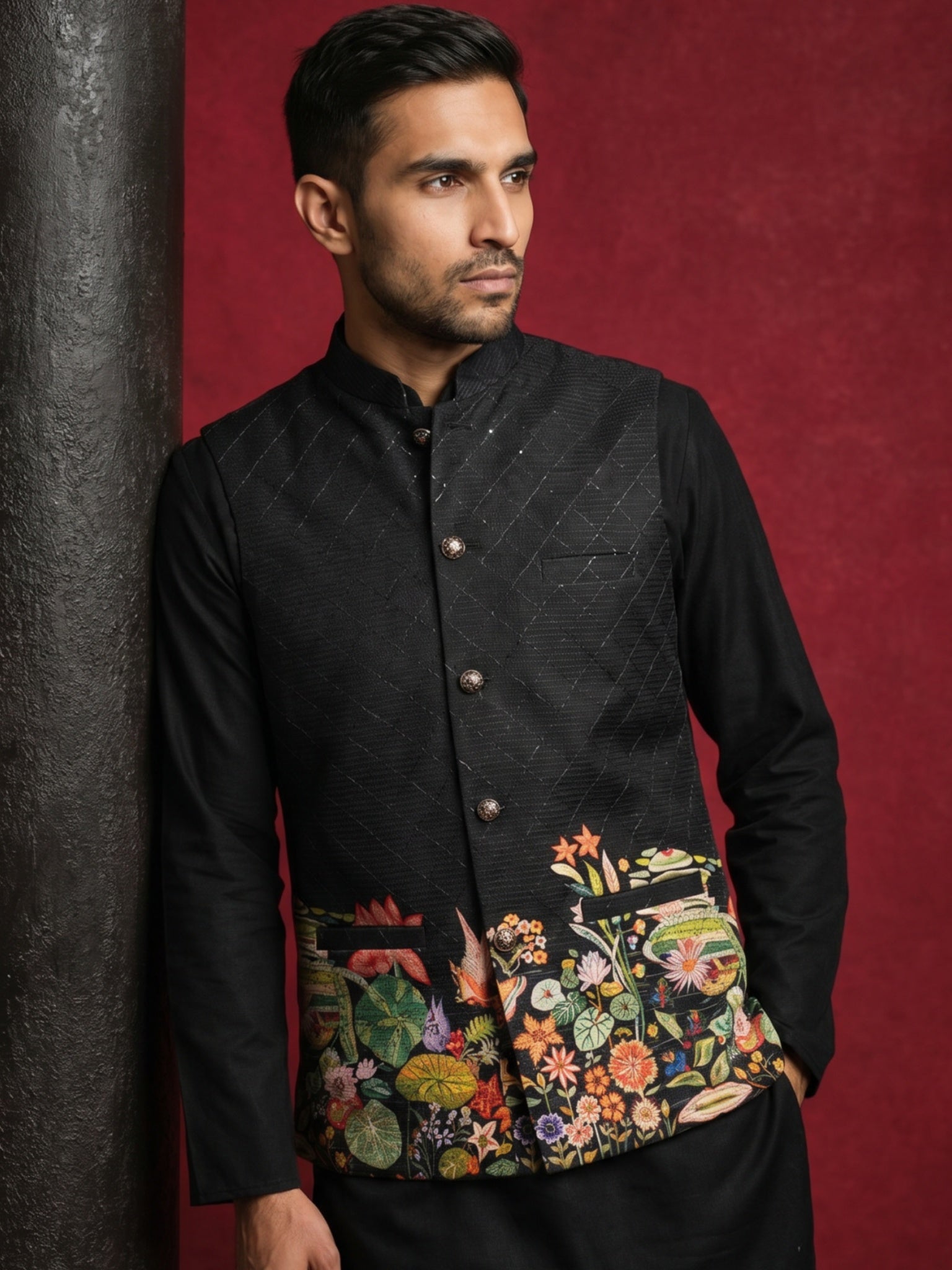 DesiQlo Men Printed Nehru Jacket and Kurta Pyjama Set - - 65WC_4176Bla