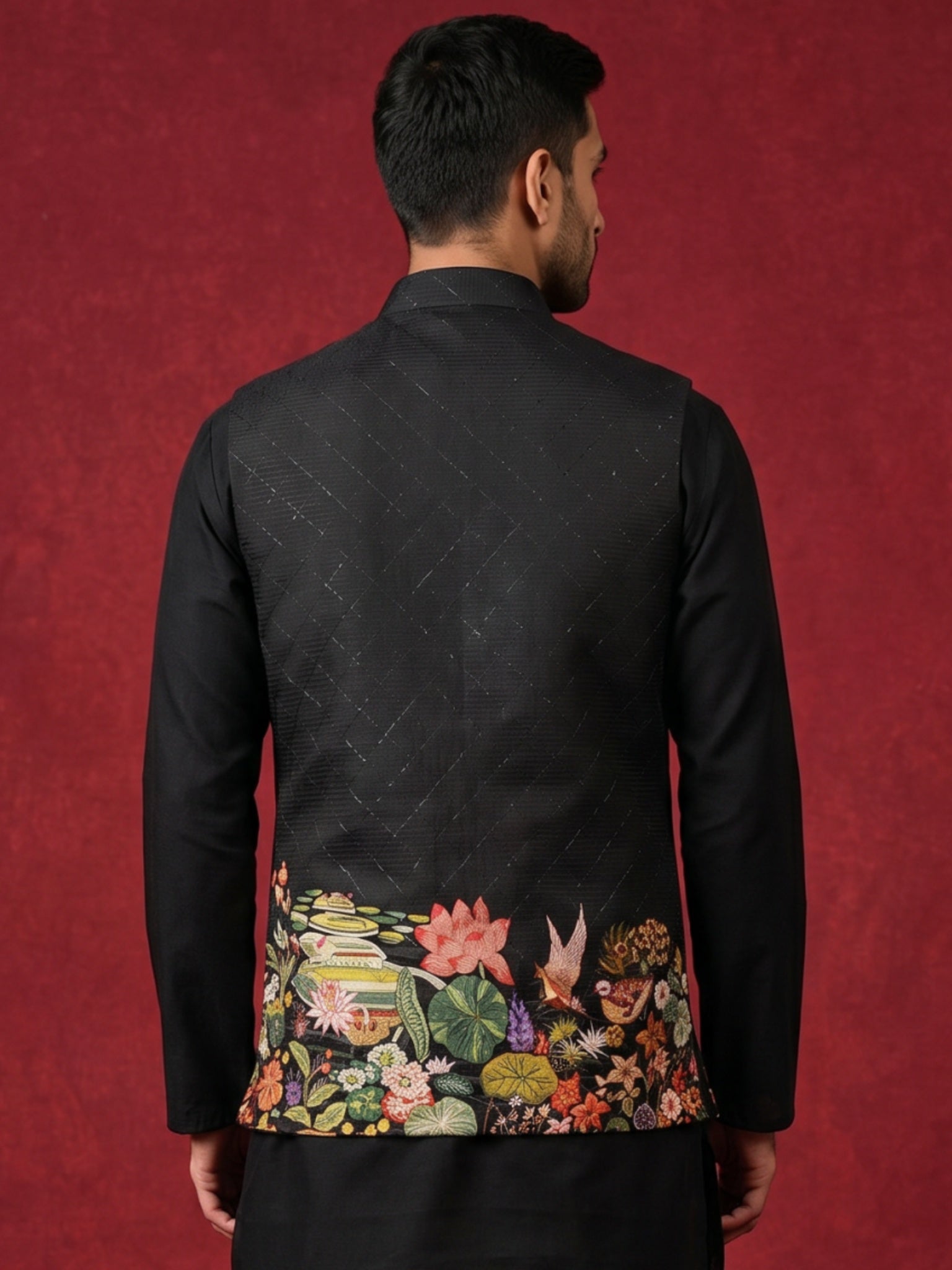 DesiQlo Men Printed Nehru Jacket and Kurta Pyjama Set - - 65WC_4176Bla