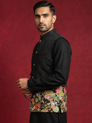 Men's Botanical Printed Silk Blend Nehru Jacket ( 65WC 4176Black )