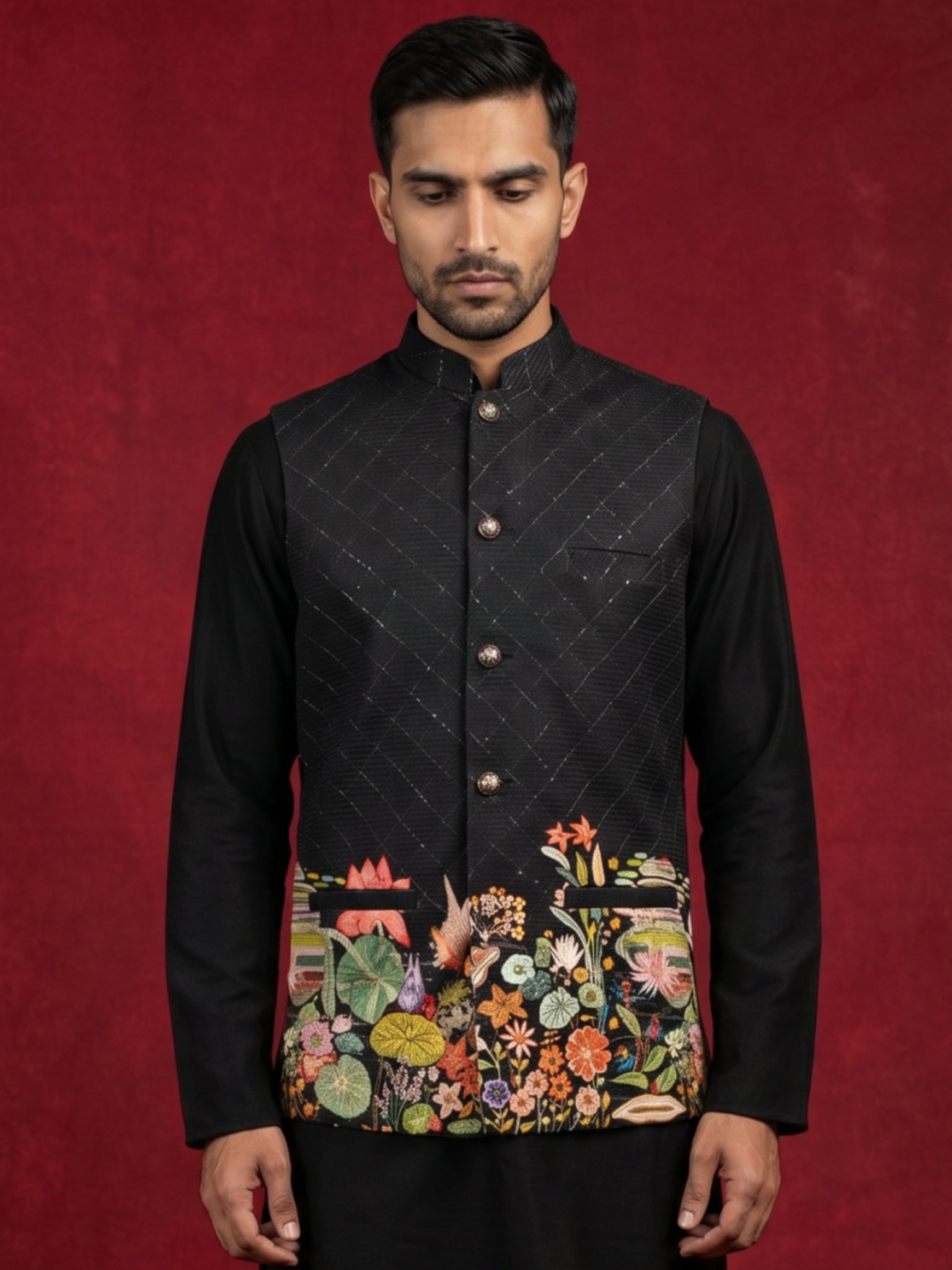 DesiQlo Men Printed Nehru Jacket and Kurta Pyjama Set - - 65WC_4176Bla