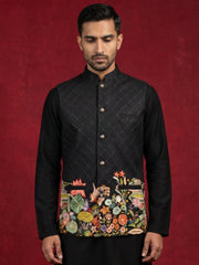 Men's Botanical Printed Silk Blend Nehru Jacket ( 65WC 4176Black )