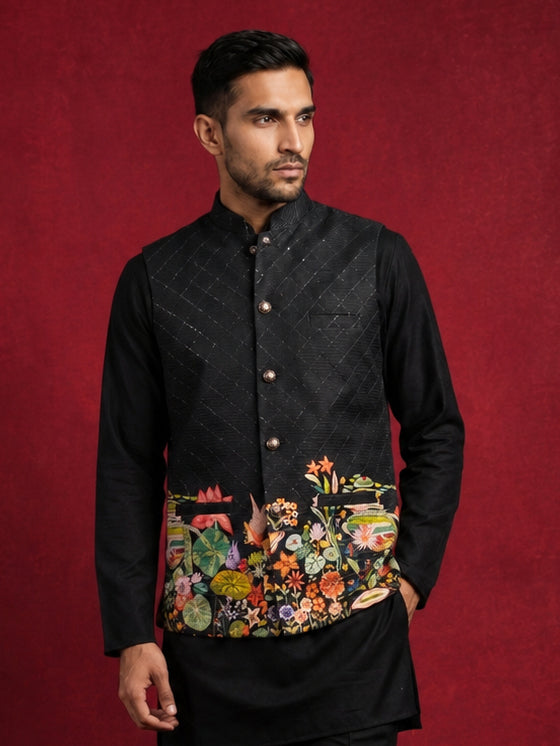 DesiQlo Men Printed Nehru Jacket and Kurta Pyjama Set - - 65WC_4176Bla
