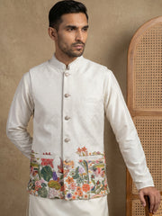 Men's Botanical Printed Silk Blend Nehru Jacket ( 65WC 4176White )