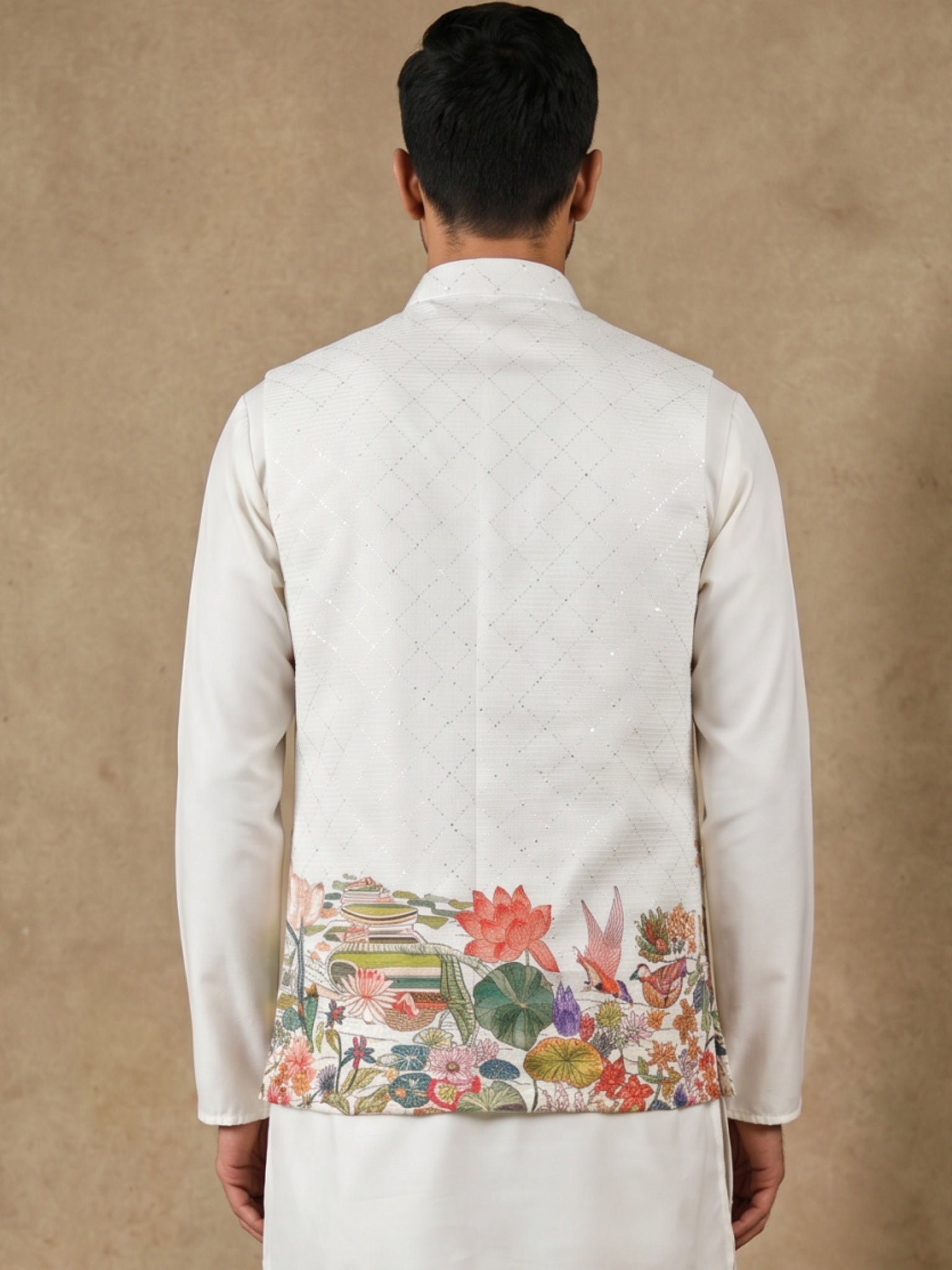 DesiQlo Men Printed Nehru Jacket and Kurta Pyjama Set - - 65WC_4176Whi