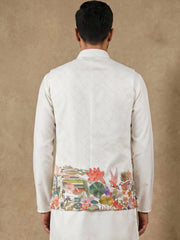Men's Botanical Printed Silk Blend Nehru Jacket ( 65WC 4176White )