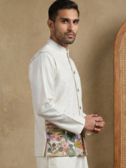 Men's Botanical Printed Silk Blend Nehru Jacket ( 65WC 4176White )