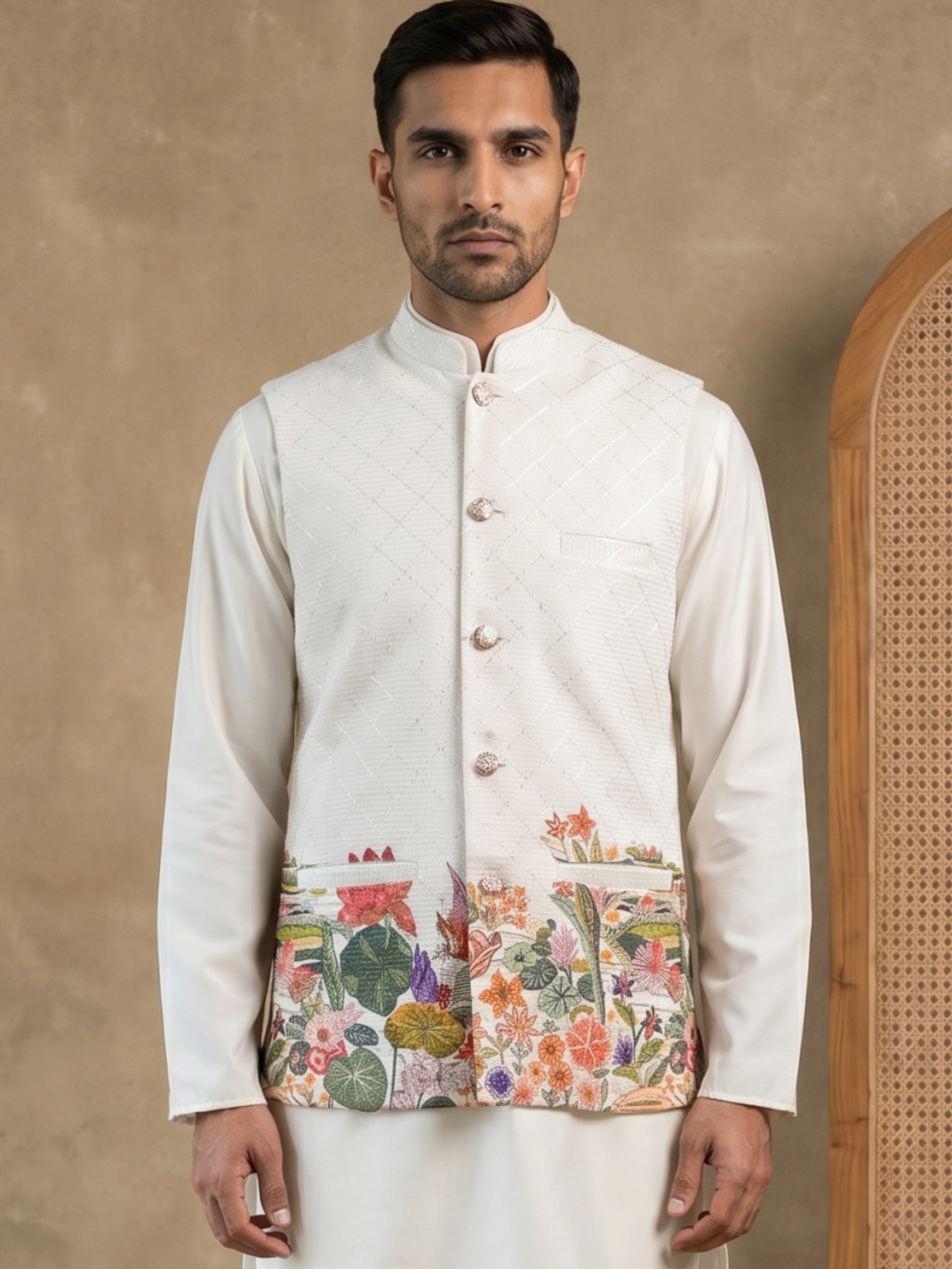 DesiQlo Men Printed Nehru Jacket and Kurta Pyjama Set - - 65WC_4176Whi