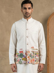 Men's Botanical Printed Silk Blend Nehru Jacket ( 65WC 4176White )