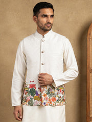 Men's Botanical Printed Silk Blend Nehru Jacket ( 65WC 4176White )