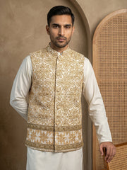 Men's Embroidered Floral Silk Blend Nehru Jacket ( 65WC 4177Yellow )