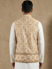 Men's Embroidered Floral Silk Blend Nehru Jacket ( 65WC 4177Yellow )