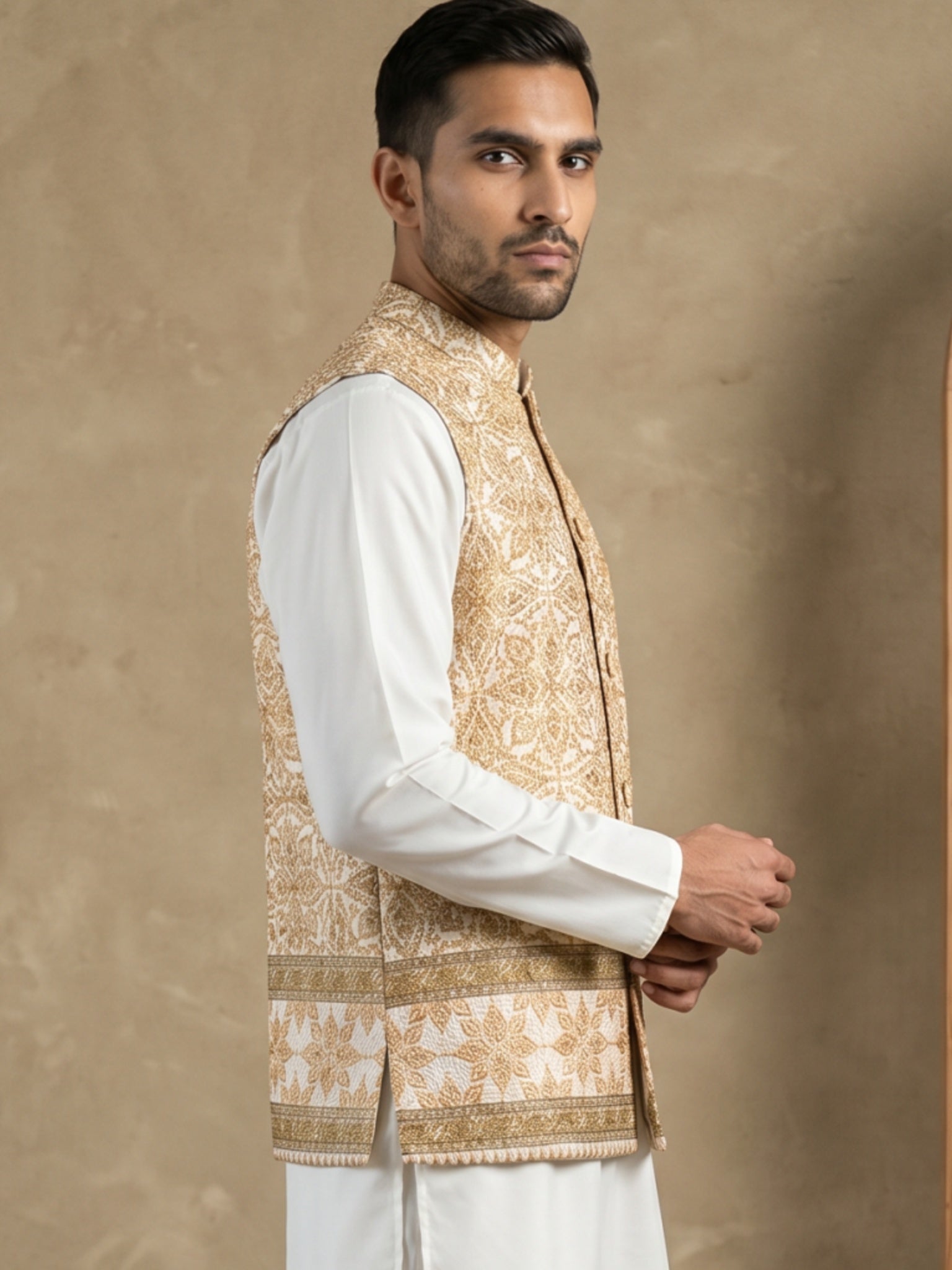DesiQlo Men Embroidered Nehru Jacket and Kurta Pyjama S - 65WC_4177Yel