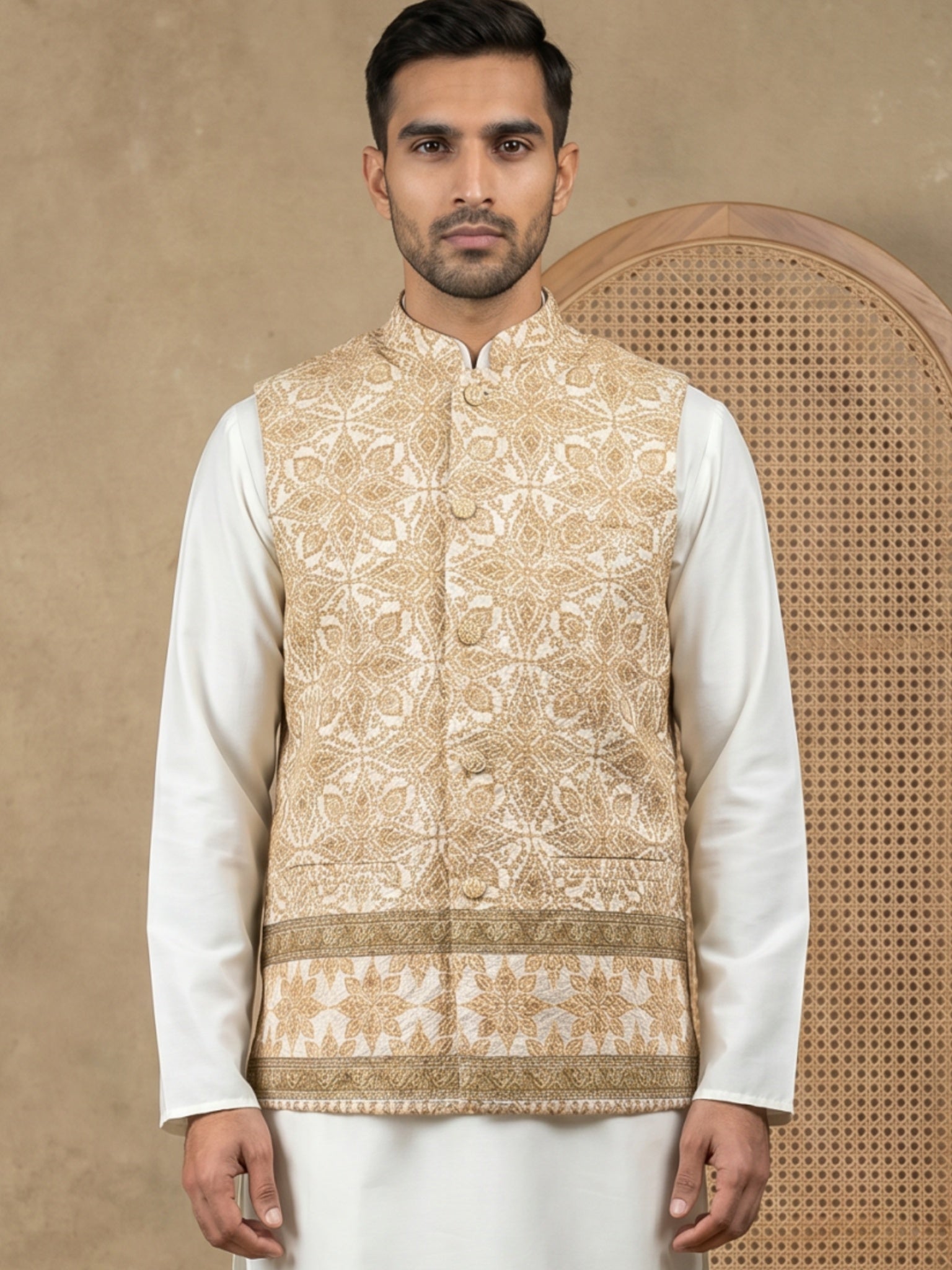 DesiQlo Men Embroidered Nehru Jacket and Kurta Pyjama S - 65WC_4177Yel