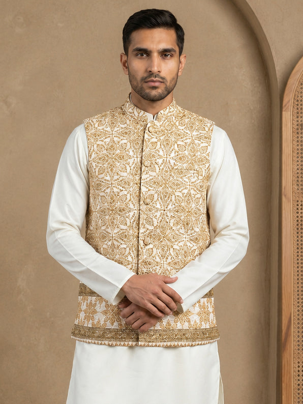 DesiQlo Men Embroidered Nehru Jacket and Kurta Pyjama S - 65WC_4177Yel
