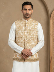 Men's Embroidered Floral Silk Blend Nehru Jacket ( 65WC 4177Yellow )