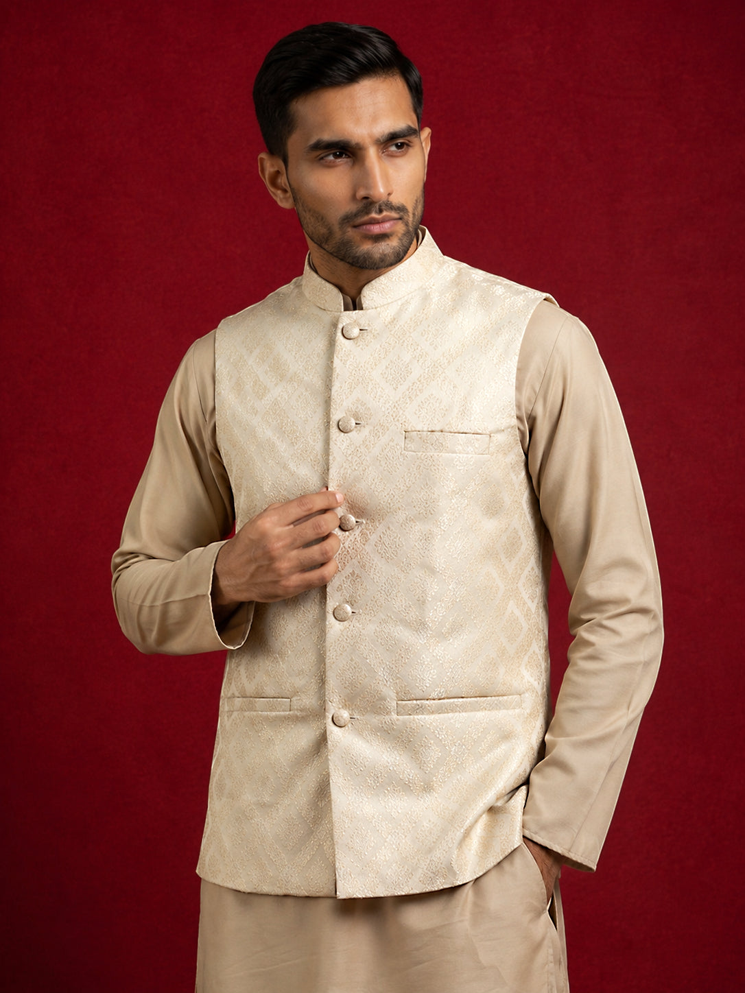 DesiQlo Men Woven Design Nehru Jacket and Kurta Pyjama Set...