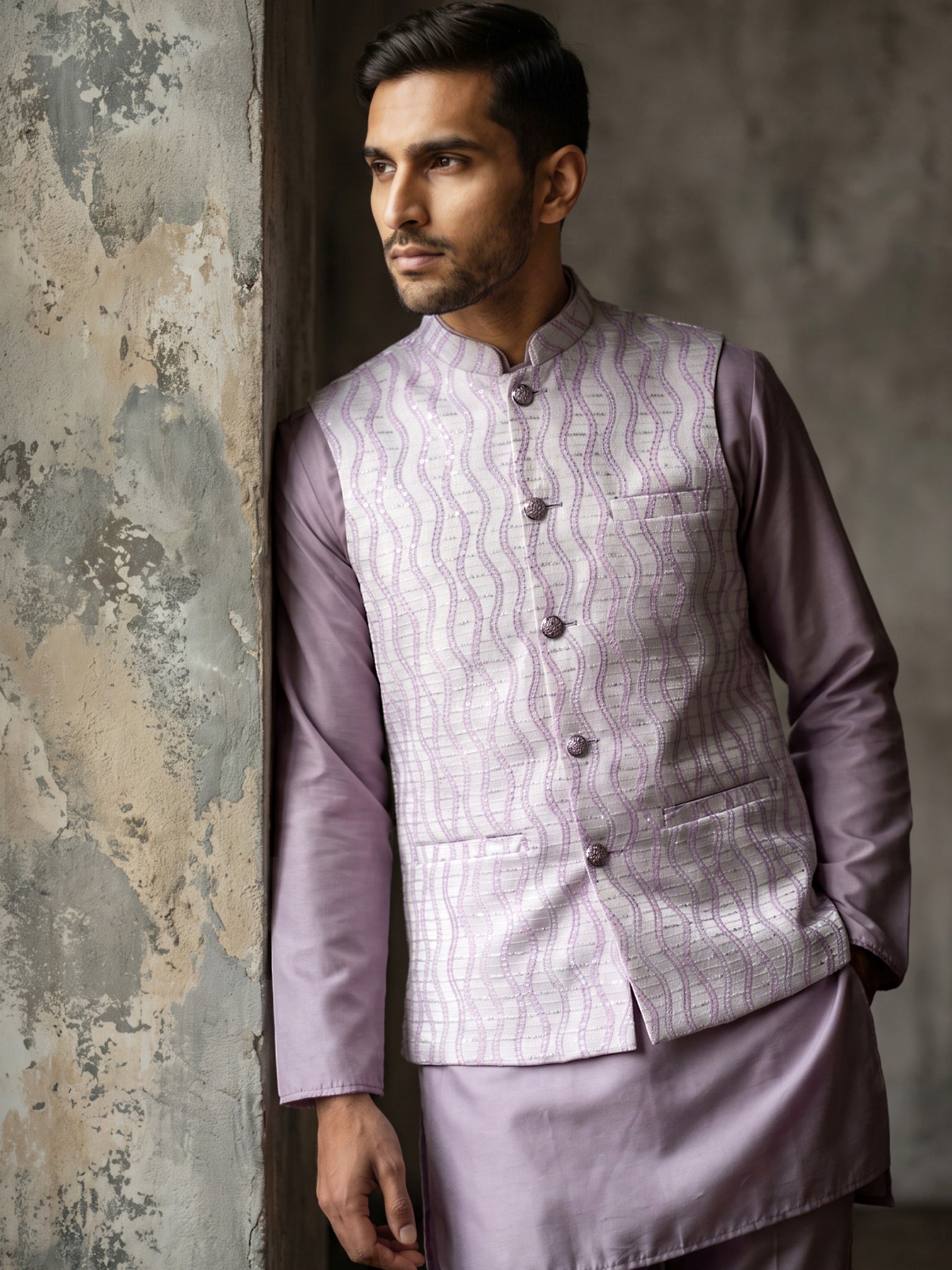 DesiQlo Men Woven Design Nehru Jacket and Kurta Pyjama  - 65WC_4180Lav