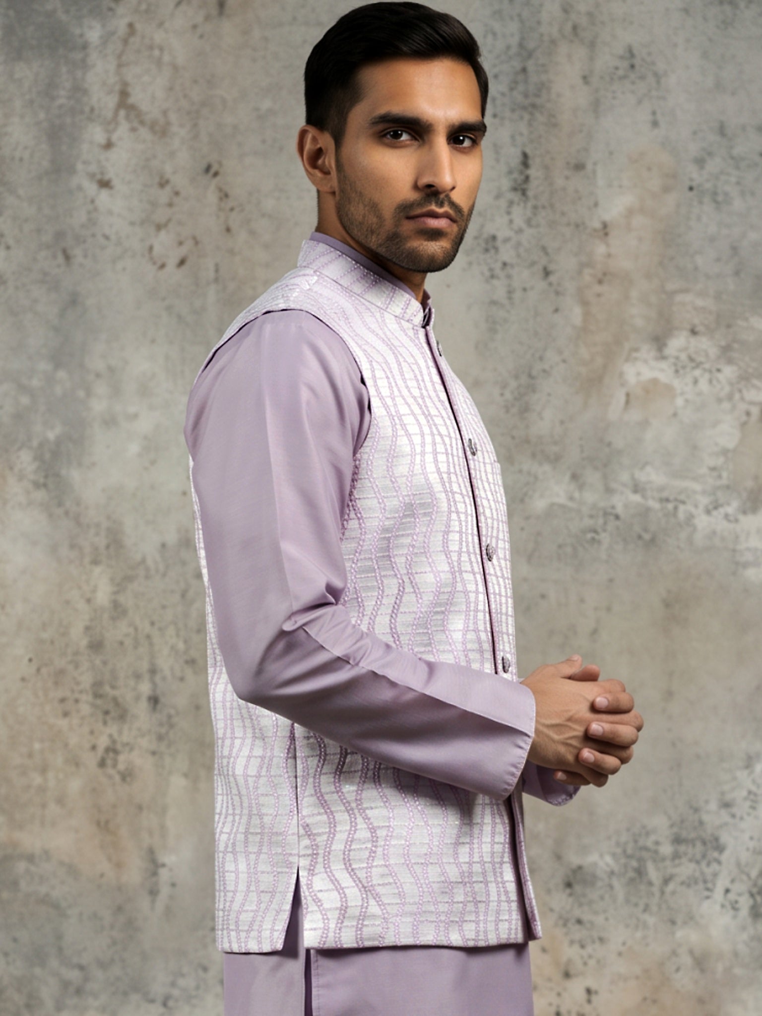 DesiQlo Men Woven Design Nehru Jacket and Kurta Pyjama  - 65WC_4180Lav