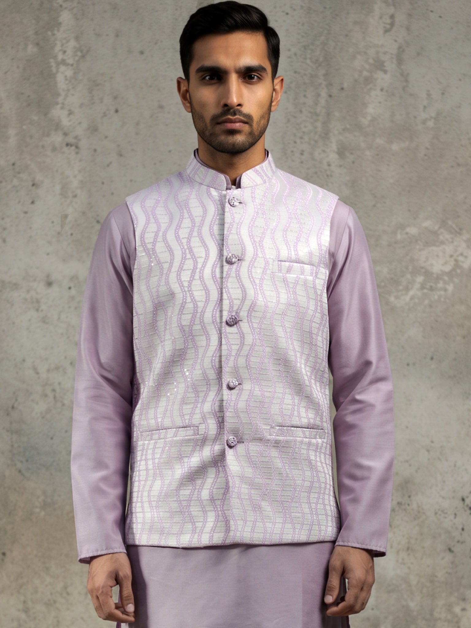 DesiQlo Men Woven Design Nehru Jacket and Kurta Pyjama  - 65WC_4180Lav