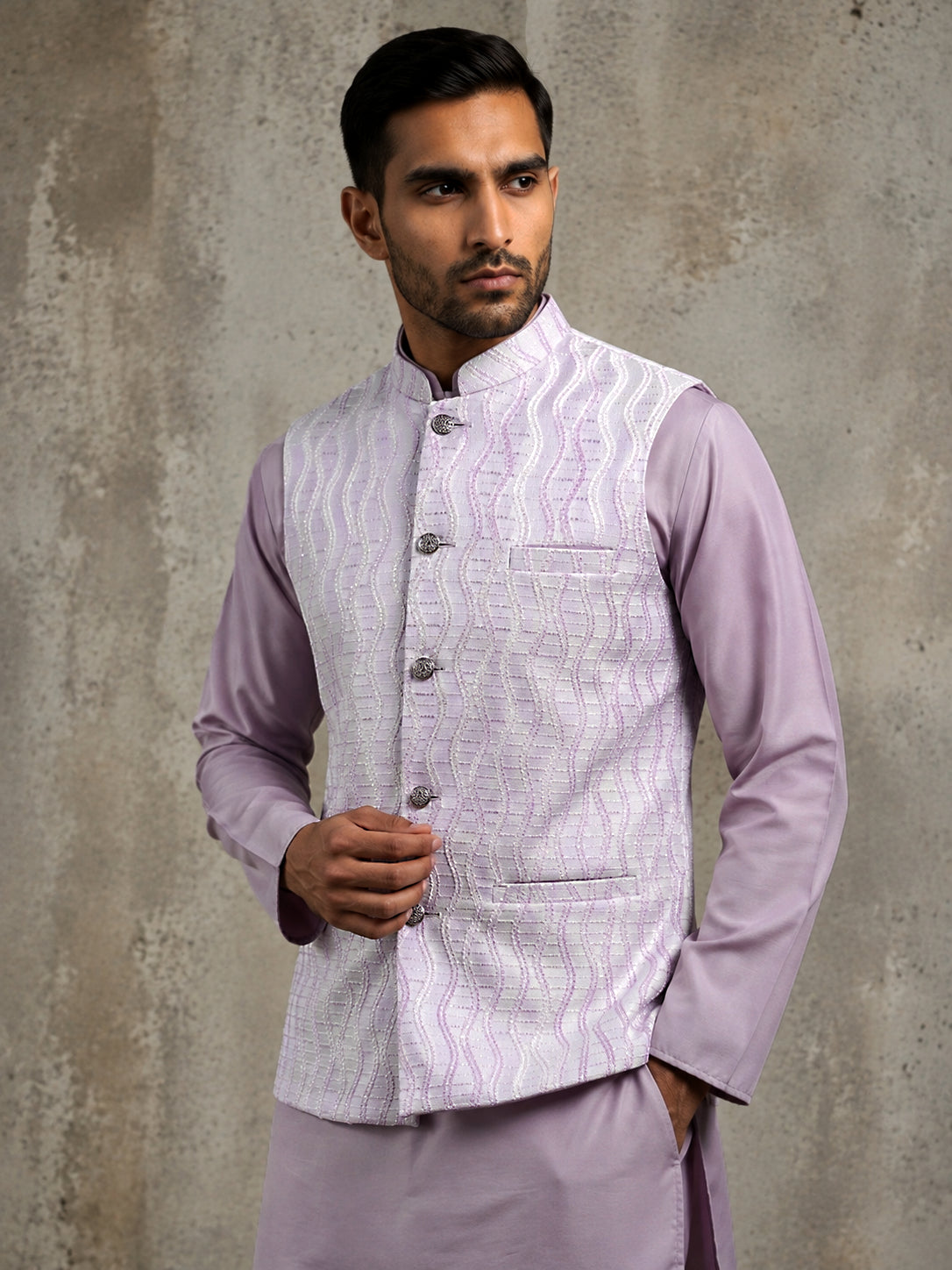 DesiQlo Men Woven Design Nehru Jacket and Kurta Pyjama  - 65WC_4180Lav