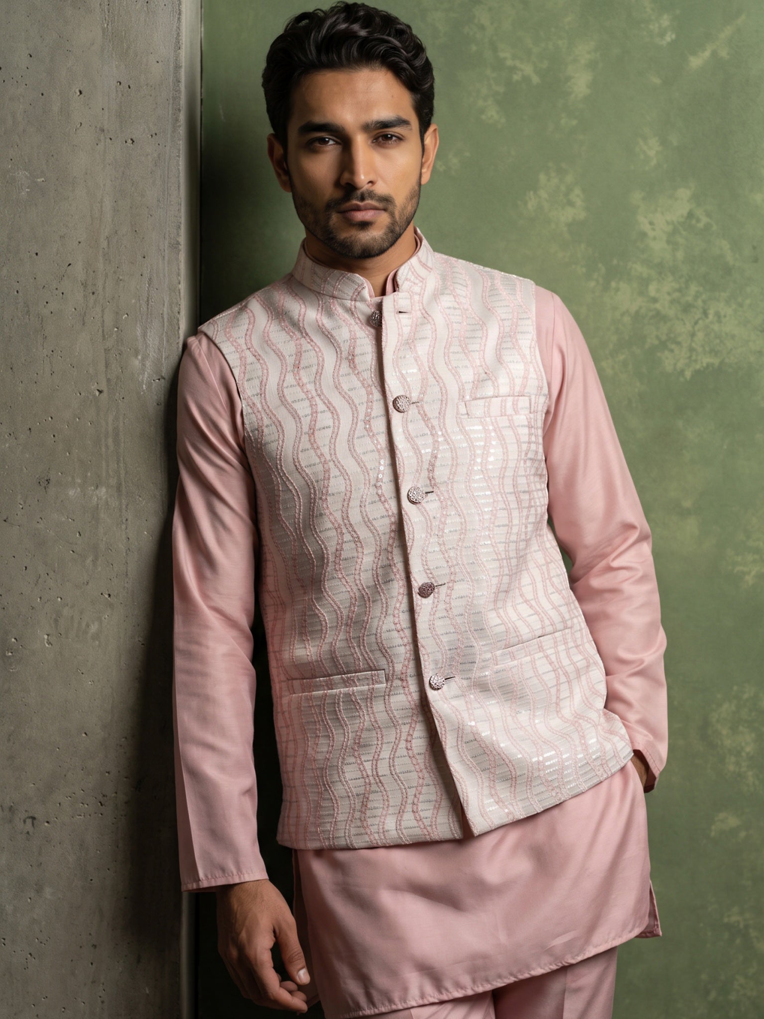 DesiQlo Men Woven Design Nehru Jacket and Kurta Pyjama  - 65WC_4180Pea