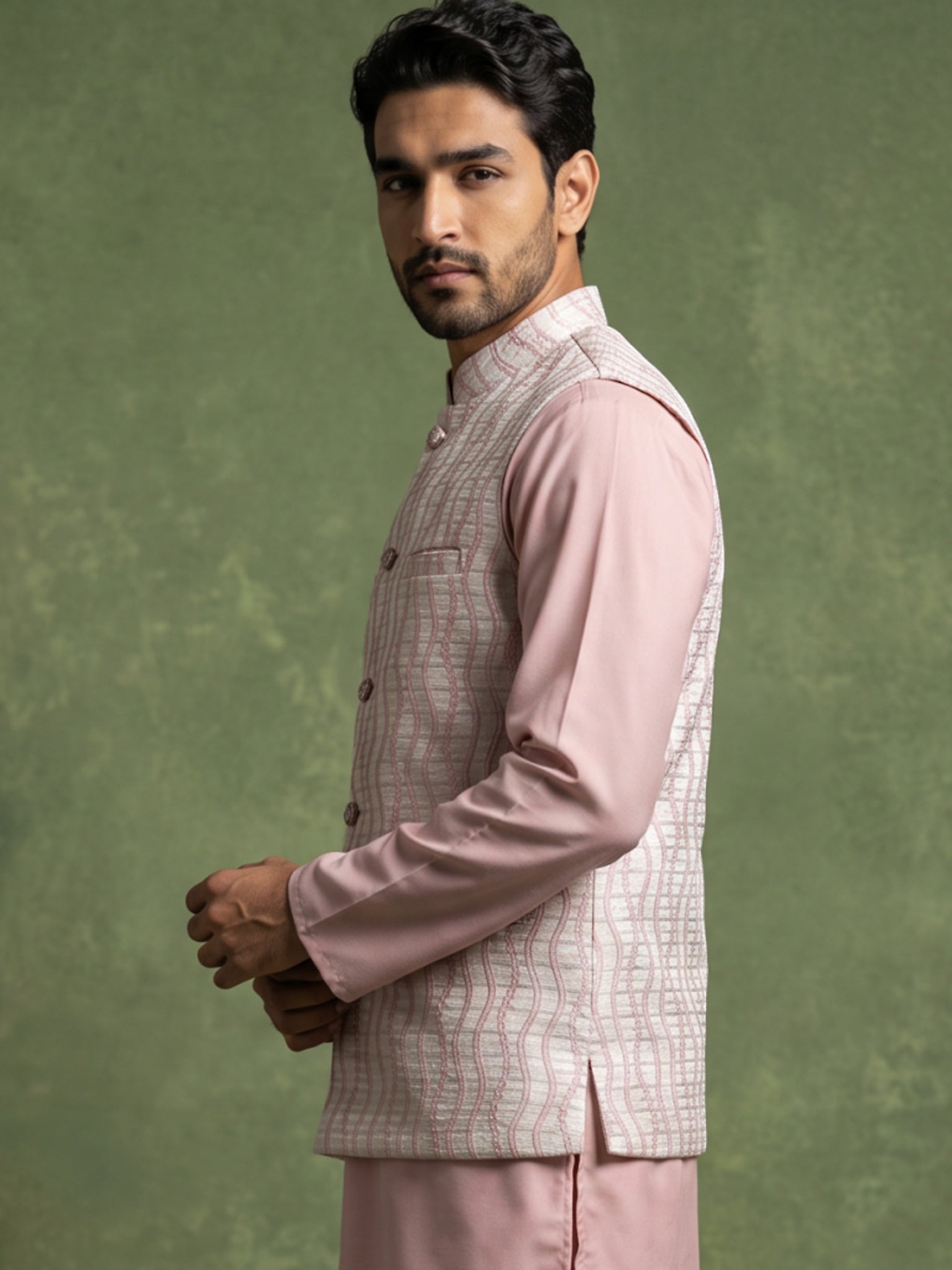 DesiQlo Men Woven Design Nehru Jacket and Kurta Pyjama  - 65WC_4180Pea