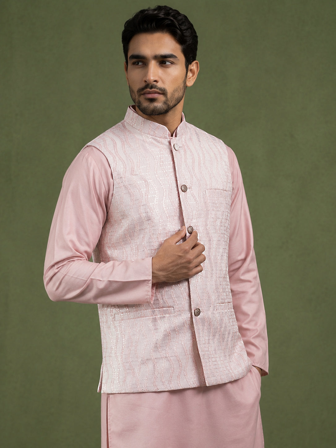 DesiQlo Men Woven Design Nehru Jacket and Kurta Pyjama  - 65WC_4180Pea