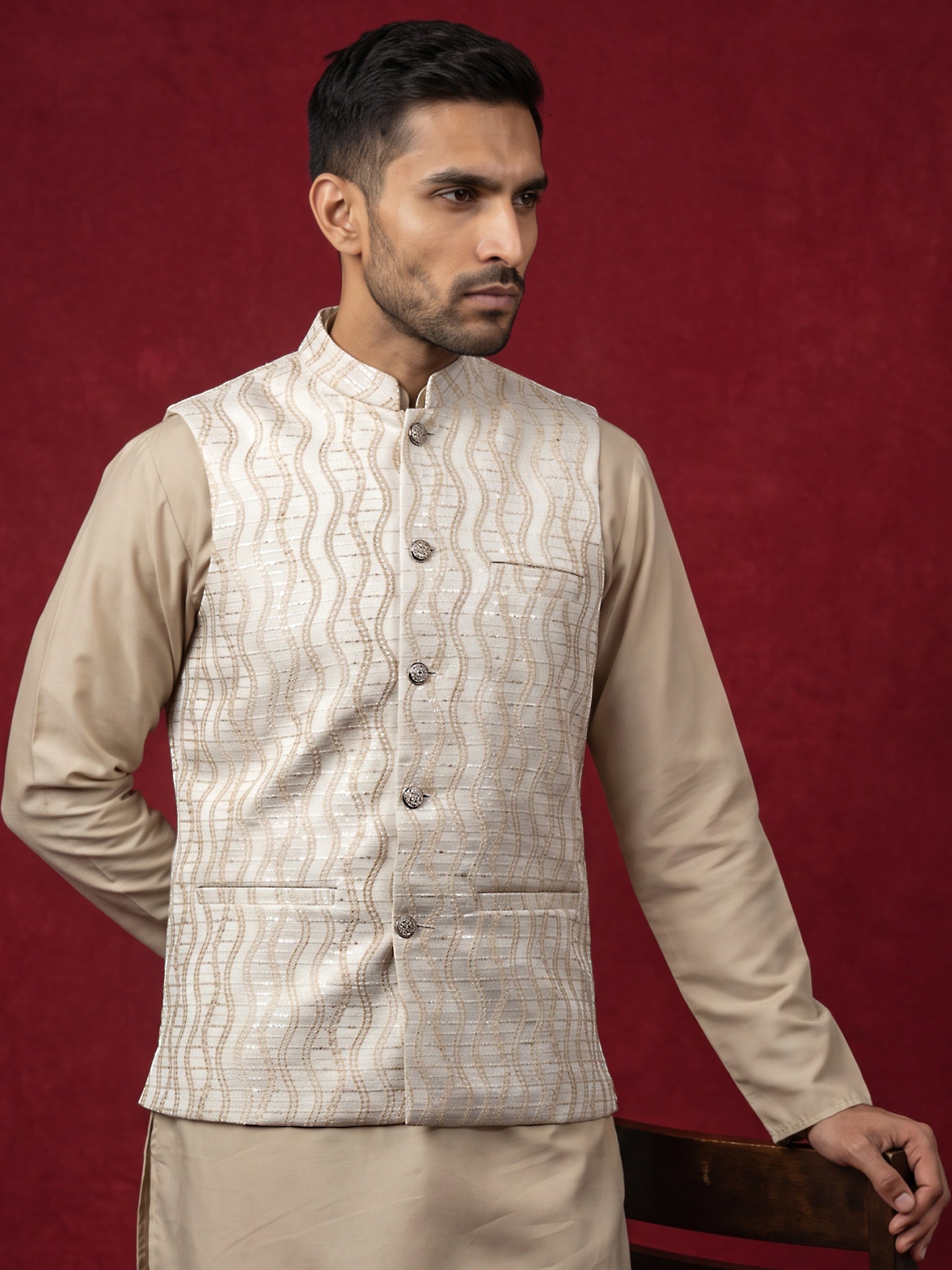 DesiQlo Men Woven Design Nehru Jacket and Kurta Pyjama  - 65WC_4180Whi