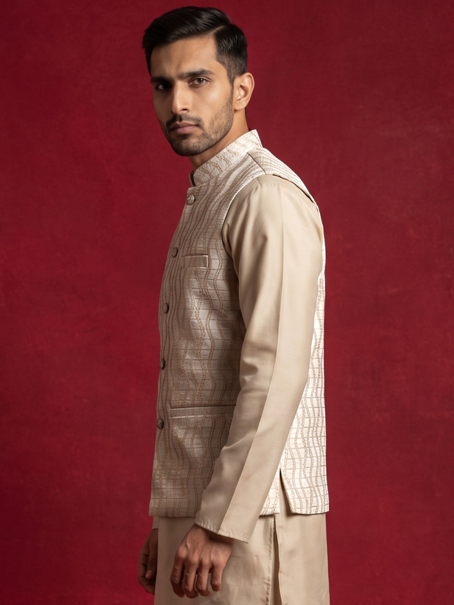 DesiQlo Men Woven Design Nehru Jacket and Kurta Pyjama  - 65WC_4180Whi