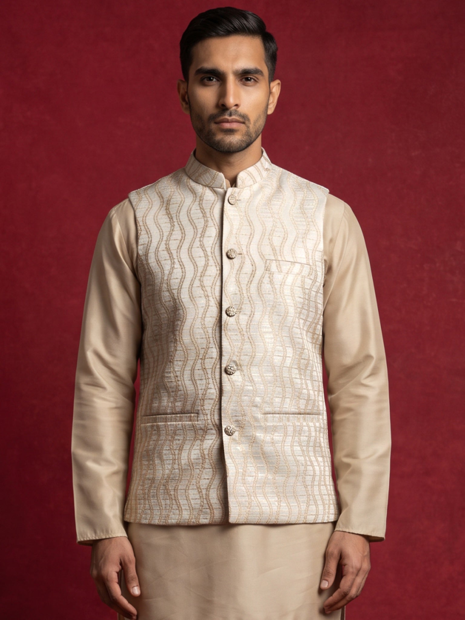 DesiQlo Men Woven Design Nehru Jacket and Kurta Pyjama  - 65WC_4180Whi