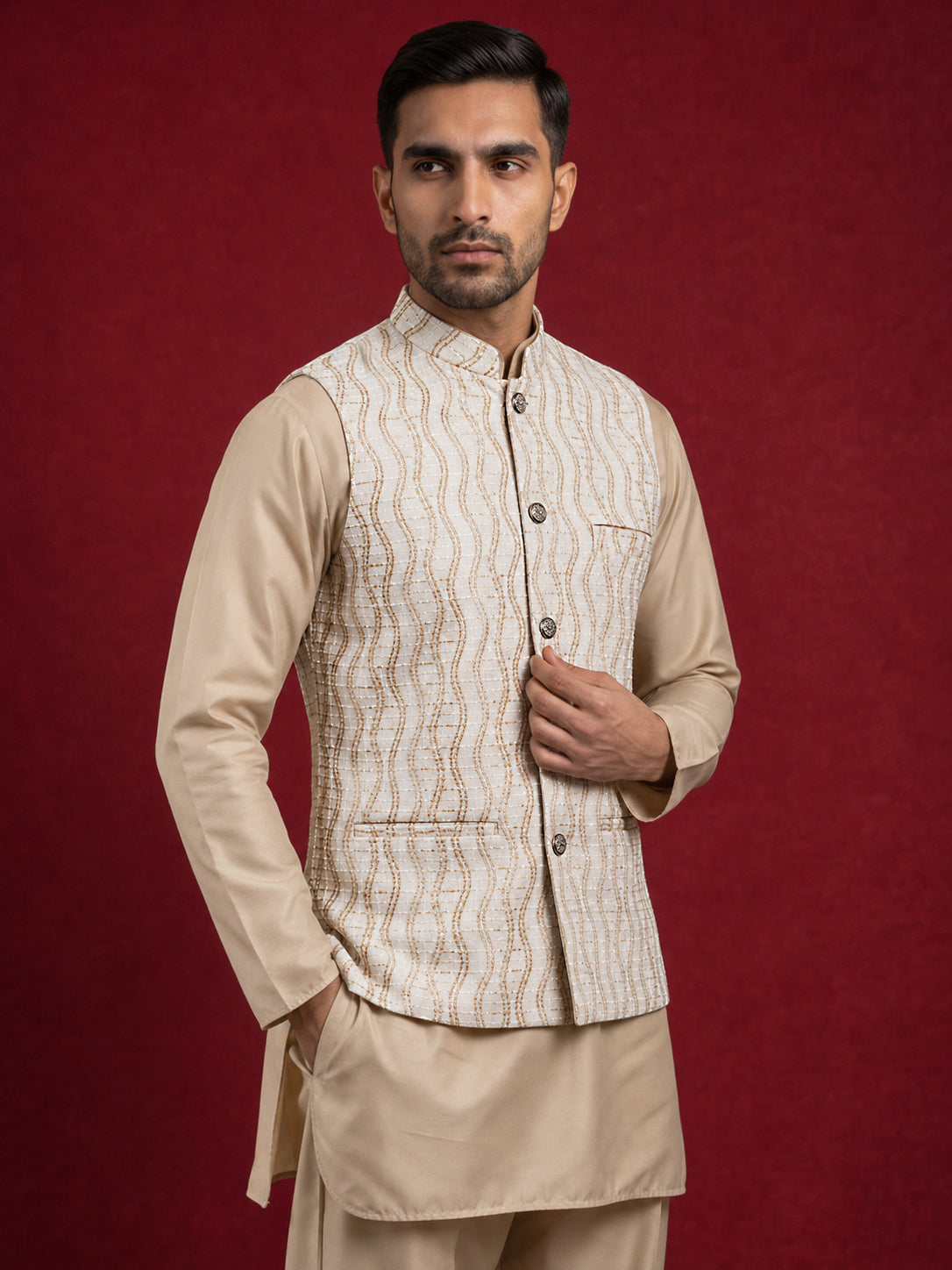DesiQlo Men Woven Design Nehru Jacket and Kurta Pyjama  - 65WC_4180Whi
