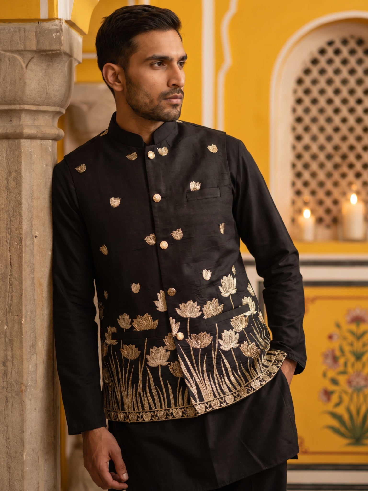 DesiQlo Men Embroidered Nehru Jacket and Kurta Pyjama Set - Black