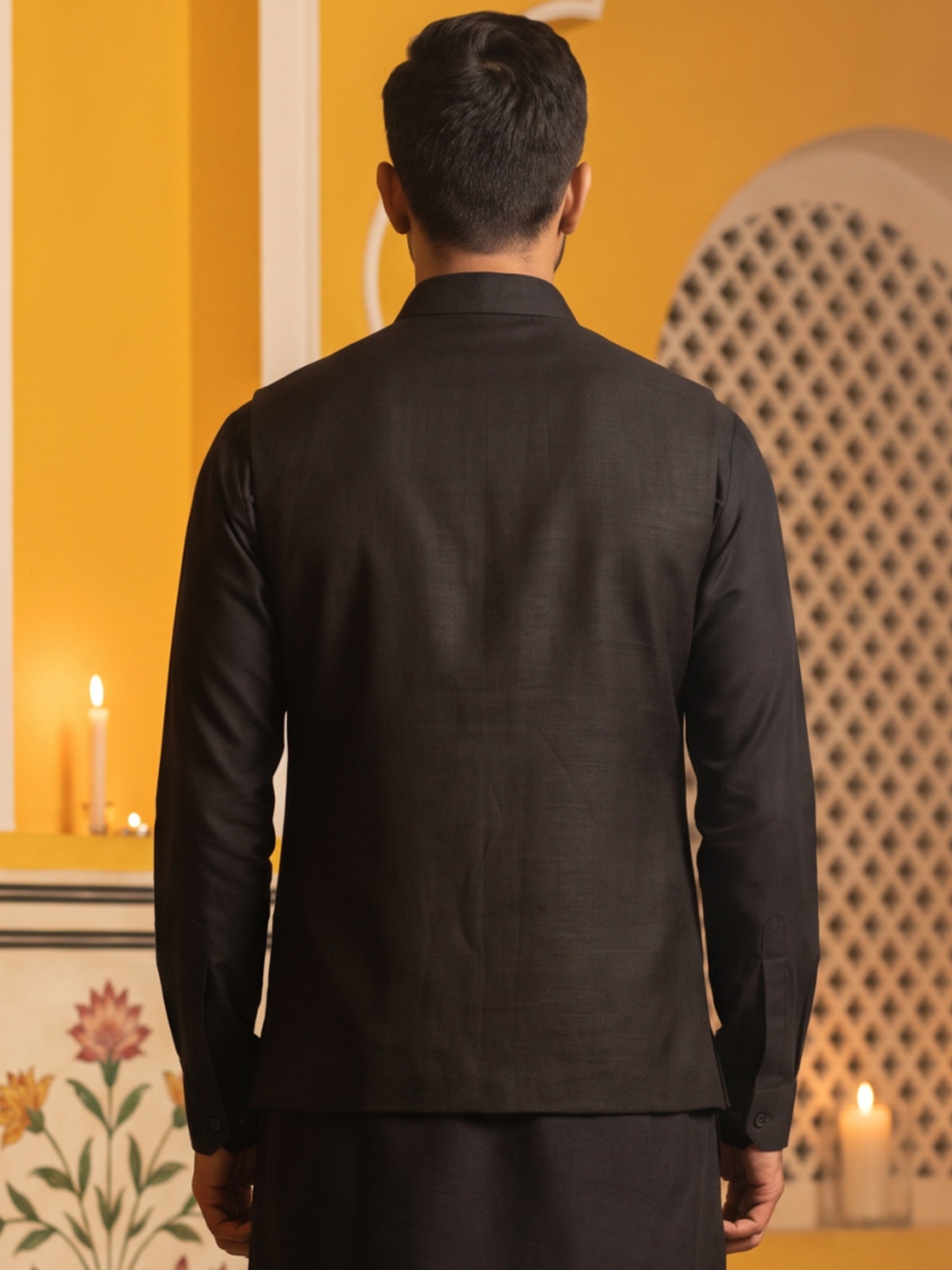 DesiQlo Men Embroidered Nehru Jacket and Kurta Pyjama Set - Black