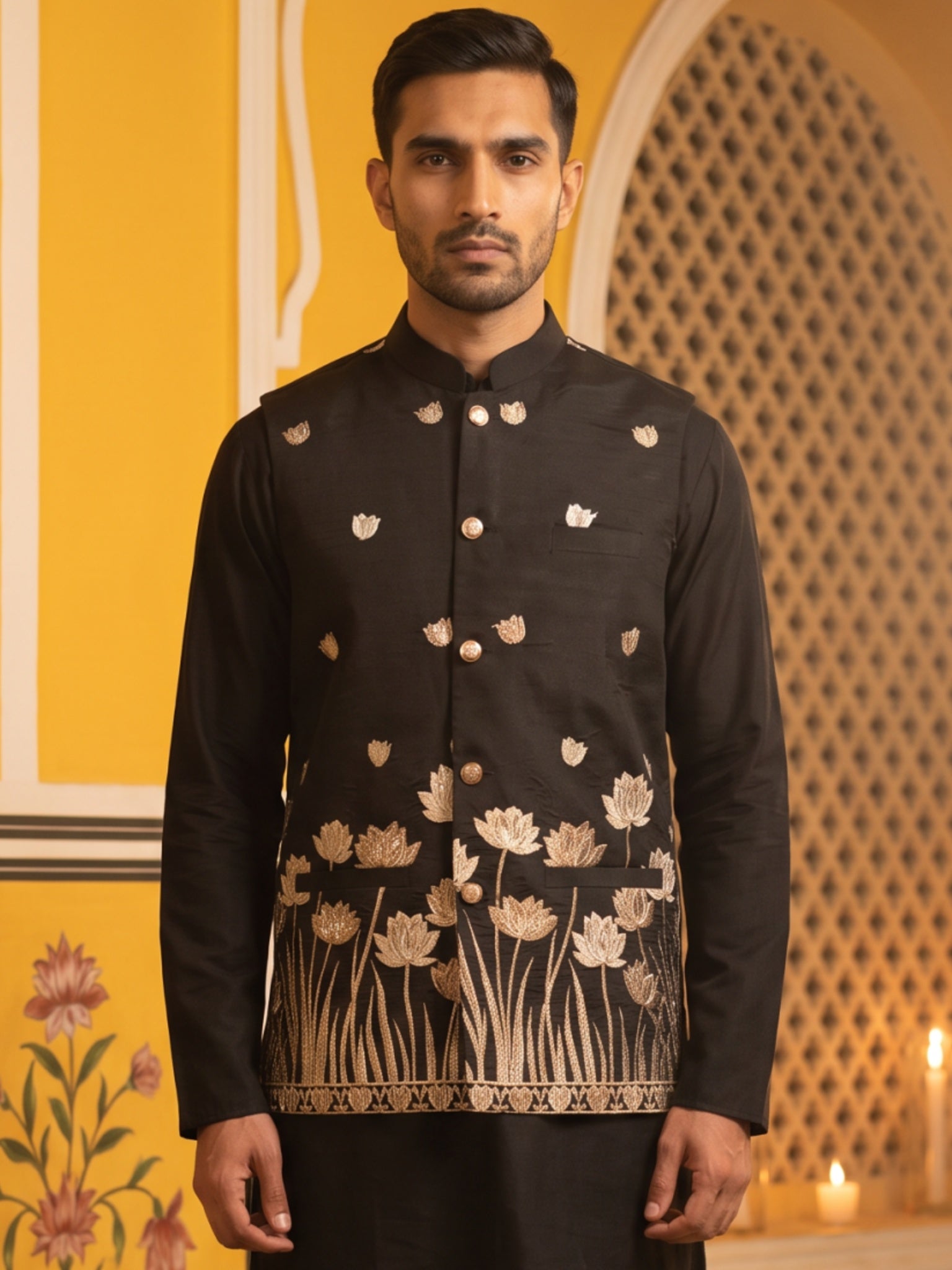 DesiQlo Men Embroidered Nehru Jacket and Kurta Pyjama Set - Black