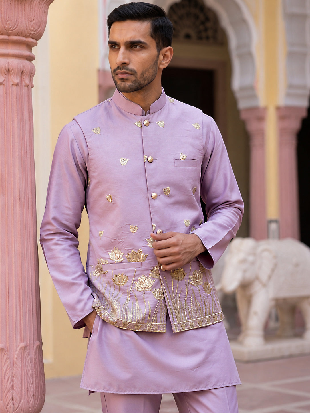 DesiQlo Men Embroidered Nehru Jacket and Kurta Pyjama Set...