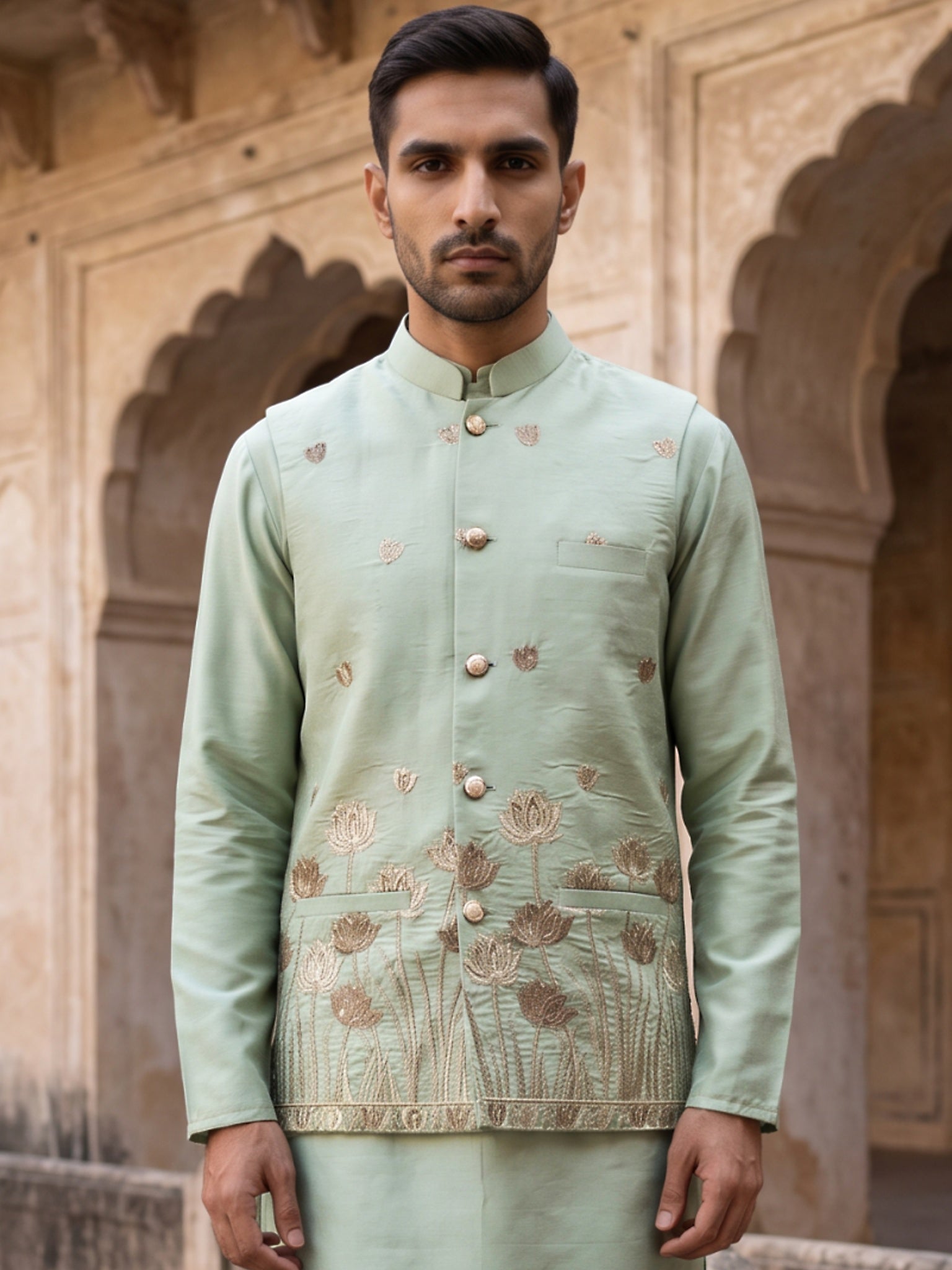DesiQlo Men Embroidered Nehru Jacket and Kurta Pyjama Set - Green