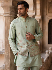 Men Silk Blend Embroidered Nehru Jacket ( 65WC 4181Pista )