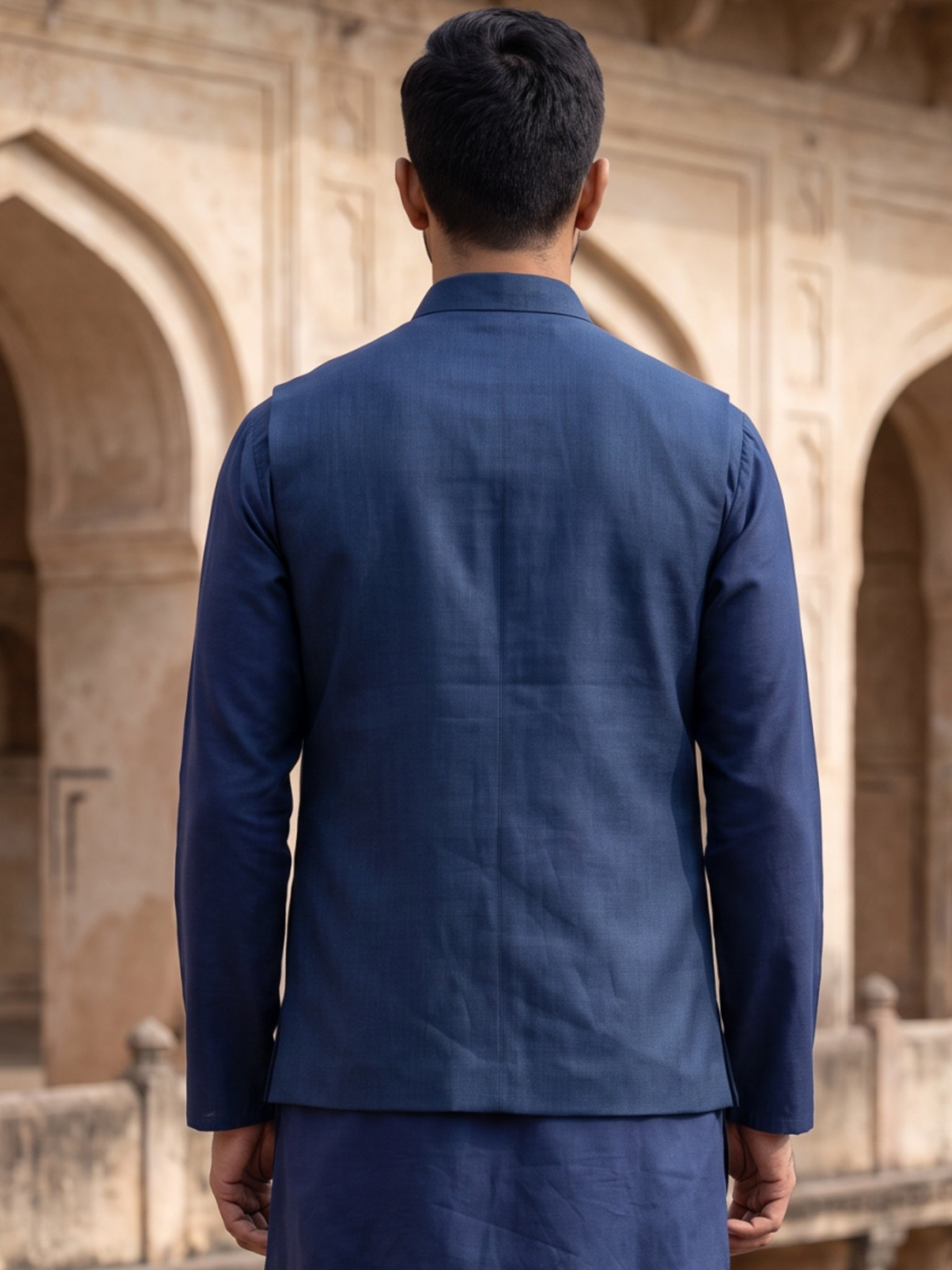 DesiQlo Men Embroidered Nehru Jacket and Kurta Pyjama Set - Blue