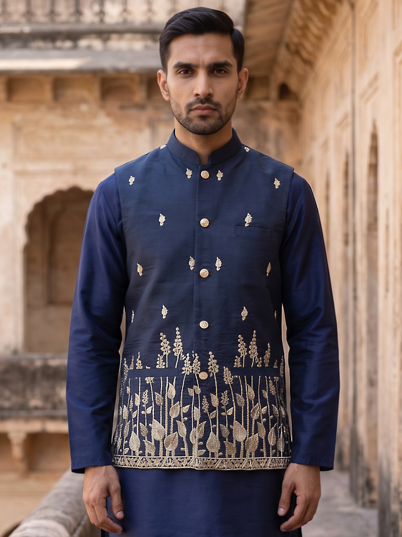 DesiQlo Men Embroidered Nehru Jacket and Kurta Pyjama Set - Blue