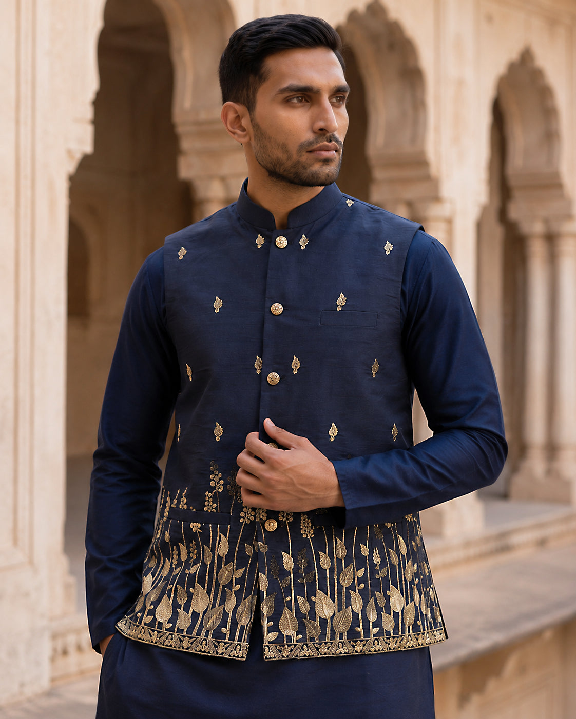 DesiQlo Men Embroidered Nehru Jacket and Kurta Pyjama Set - Blue