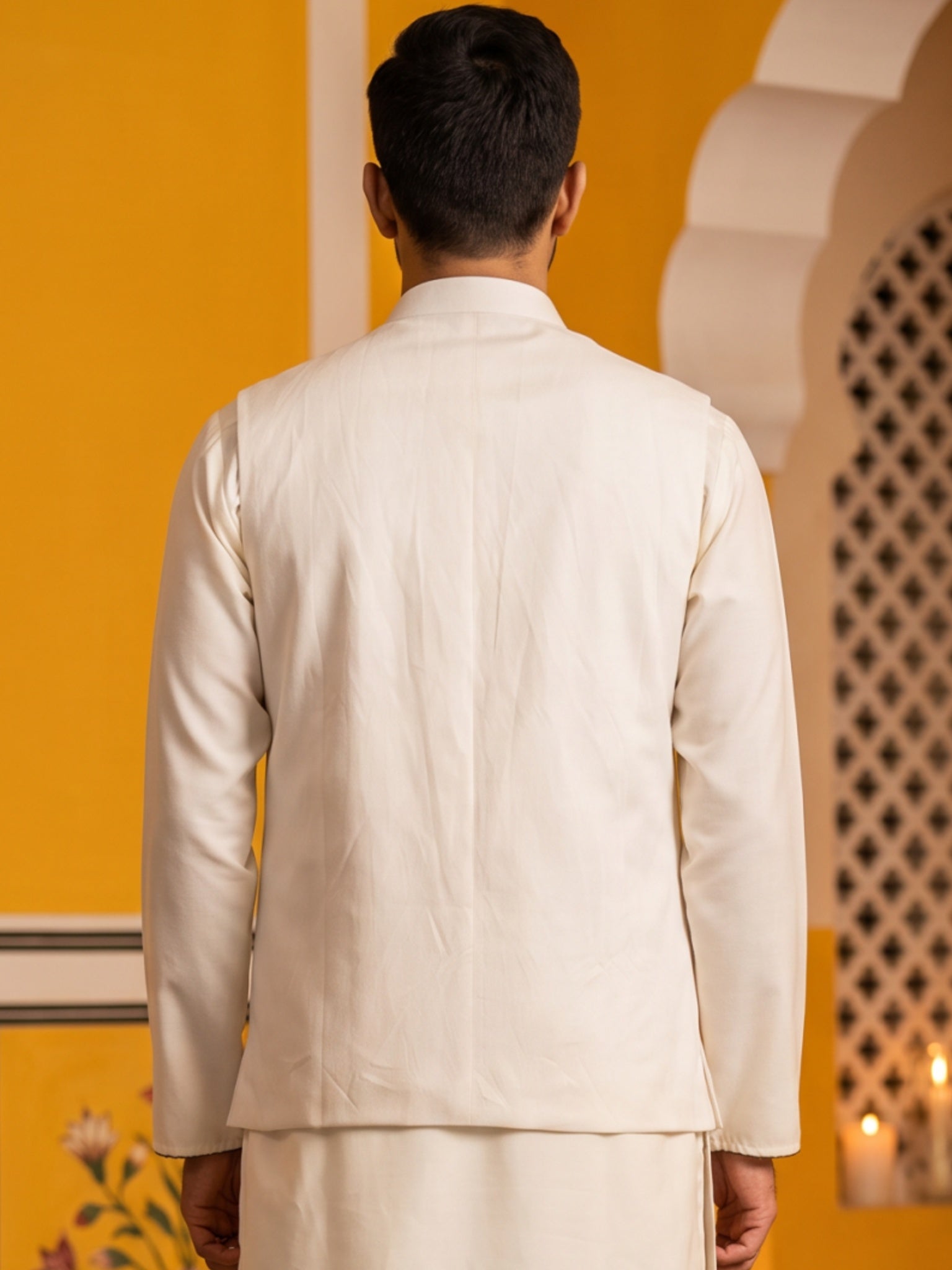DesiQlo Men Embroidered Nehru Jacket and Kurta Pyjama Set - White