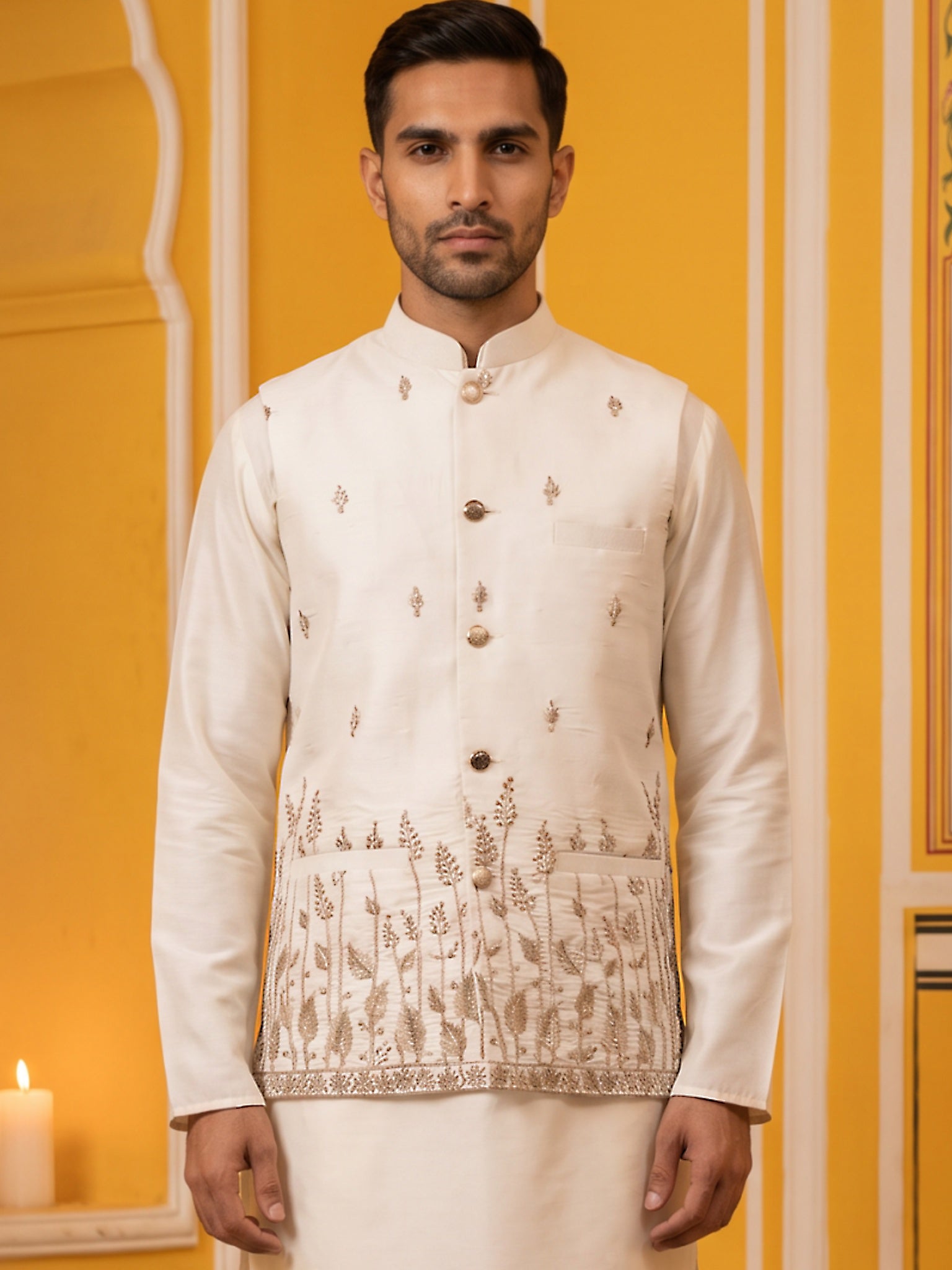 DesiQlo Men Embroidered Nehru Jacket and Kurta Pyjama Set - White