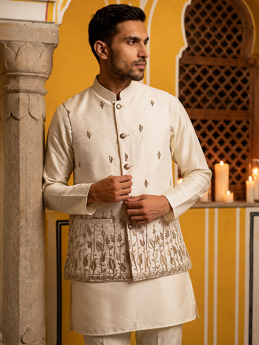 DesiQlo Men Embroidered Nehru Jacket and Kurta Pyjama Set - White