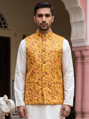 Men Jacquard Woven Design Nehru Jacket ( 65WC 4183Mustard )