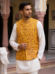 Men Jacquard Woven Design Nehru Jacket ( 65WC 4183Mustard )