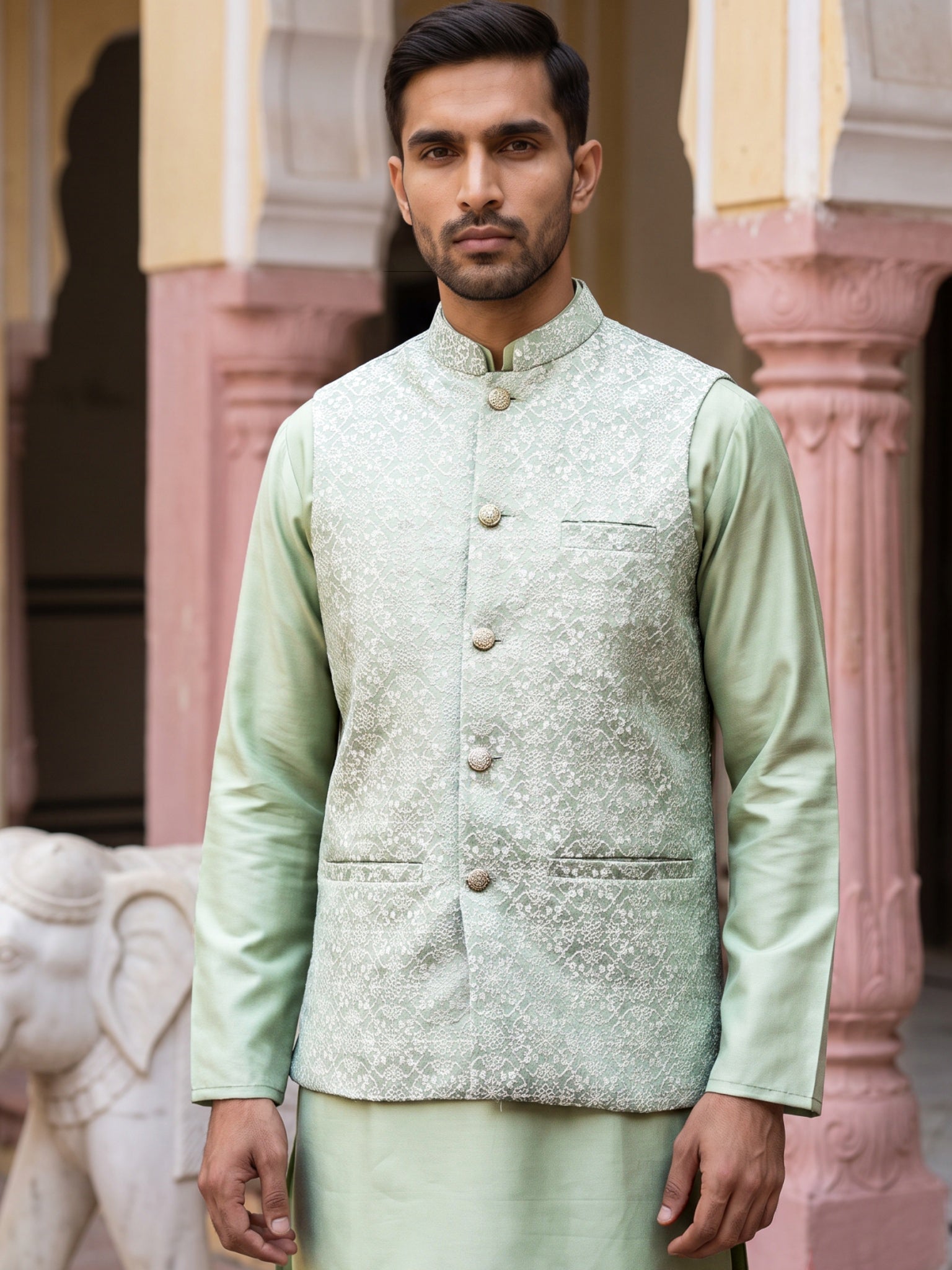 DesiQlo Men Woven Design Nehru Jacket and Kurta Pyjama  - 65WC_4184Pis