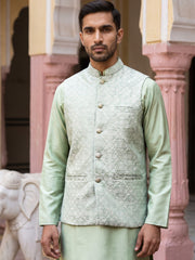 Men Jacquard Woven Design Nehru Jacket ( 65WC 4184Pista )
