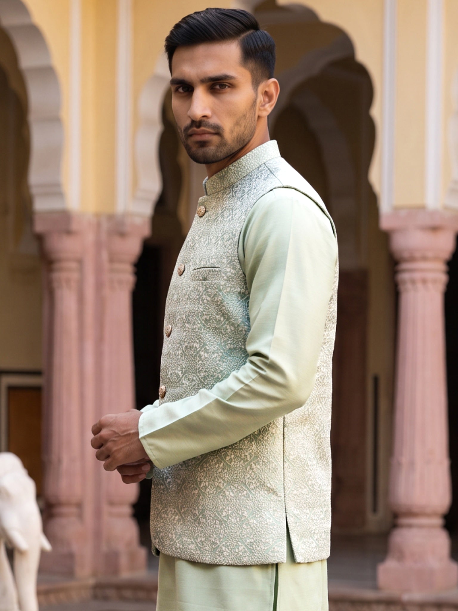 DesiQlo Men Woven Design Nehru Jacket and Kurta Pyjama  - 65WC_4184Pis